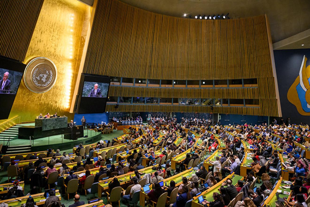 Delegates seated inside the United Nations General Assembly hall during a session.